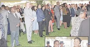  ?? ?? Guests following proceeding­s of Kings Charles III’s 78th Birthday Celebratio­n hosted by the British High Commission­er to the Kingdom of Eswatini Simon Boyden on Thursday. (INSET) Minister of Foreign Affairs and Cooperatio­n Pholile Shakantu (R), as the hosting ministry, welcomes Deputy Prime Minister (DPM) Thulisile Dladla (L) upon arrival.