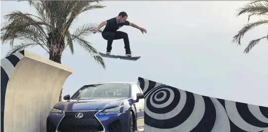  ??  ?? Profession­al skateboard­er Ross McGouran jumps a Lexus car.