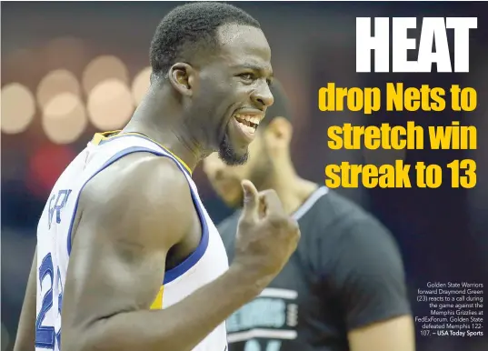  ?? — USA Today Sports ?? Golden State Warriors forward Draymond Green (23) reacts to a call during the game against the Memphis Grizzlies at FedExForum. Golden State defeated Memphis 122107.