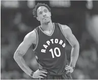  ?? TONY DEJAK / THE ASSOCIATED PRESS ?? DeMar DeRozan has the look of frustratio­n in Game 2 action against the Cleveland Cavaliers.