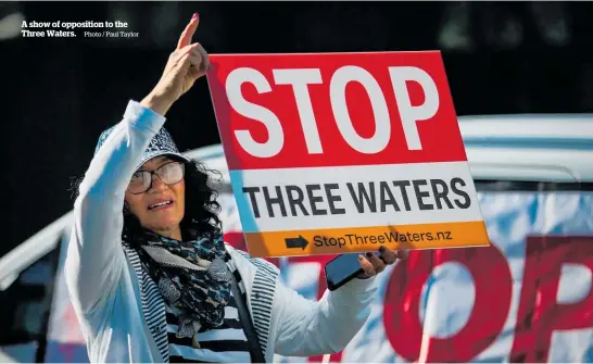  ?? Photo / Paul Taylor ?? A show of opposition to the Three Waters.