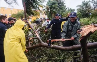  ?? AP Photo/Victor Ruiz Garcia ?? ■ Firemen remove a tree toppled early Wednesday by Hurricane Delta in Cancun, Mexico. Hurricane Delta made landfall Wednesday just south of the Mexican resort of Cancun as a Category 2 storm, downing trees and knocking out power to some resorts along the northeaste­rn coast of the Yucatan Peninsula.