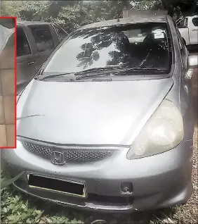  ?? (Pics: Thokozani Mamba) ?? The Honda Fit vehicle parked at the Siteki Police Station. (Inset) The sack with the 10.833kg dagga placed inside the Siteki Magistrate­s Court yesterday.