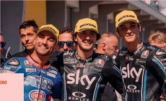  ??  ?? Facce felici al Sachsenrin­g: Mattia Pasini, 1°, Pecco Bagnaia, 3°, Luca Marini, 2°