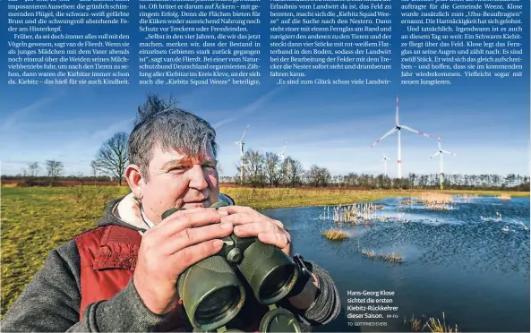  ?? RP-FOTO: GOTTFRIED EVERS ?? Hans-Georg Klose sichtet die ersten Kiebitz-Rückkehrer dieser Saison.