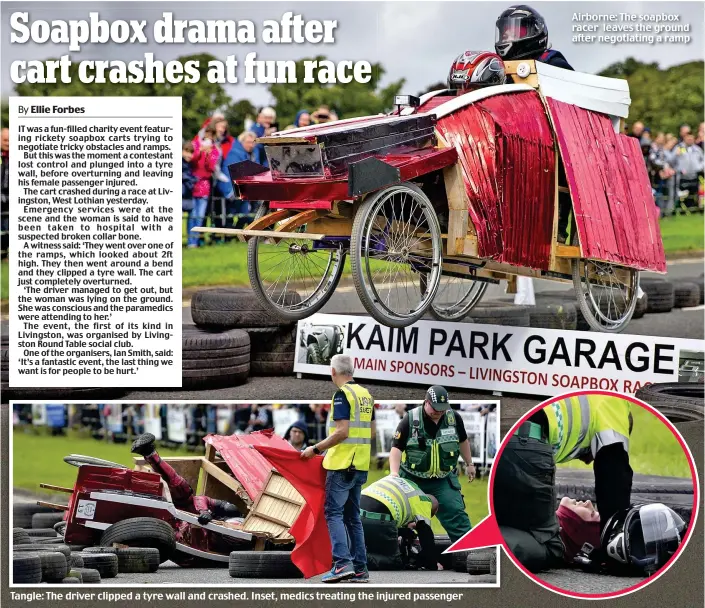  ??  ?? Tangle: The driver clipped a tyre wall and crashed. Inset, medics treating the injured passenger Airborne: The soapbox racer leaves the ground after negotiatin­g a ramp