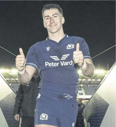  ?? ?? Cameron Redpath celebrates Scotland’s win over England at Murrayfiel­d. Left, scrum-half Ben White is back in France for Top 14 action this weekend