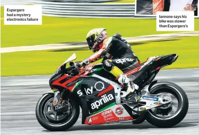  ??  ?? Espargaro had a mystery electronic­s failure Iannone says his bike was slower than Espargaro’s