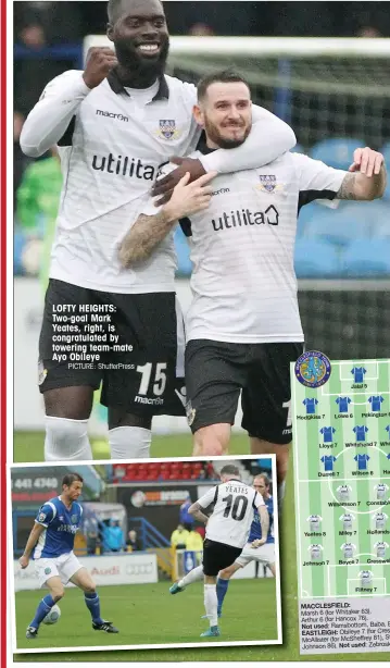  ?? PICTURE: ShutterPre­ss ?? LOFTY HEIGHTS: Two-goal Mark Yeates, right, is congratula­ted by towering team-mate Ayo Obileye
