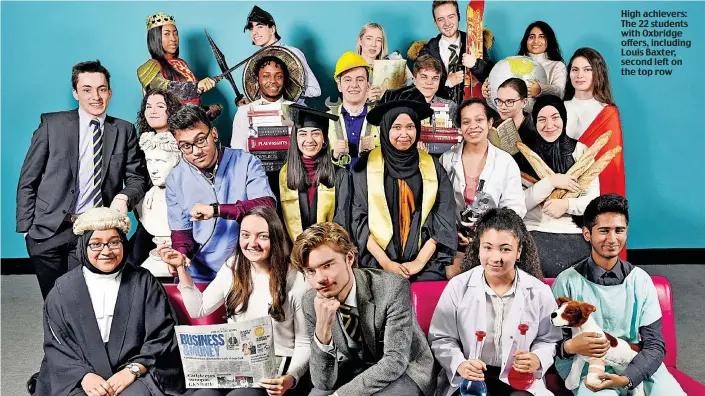  ??  ?? High achievers: The 22 students with Oxbridge offers, including Louis Baxter, second left on the top row