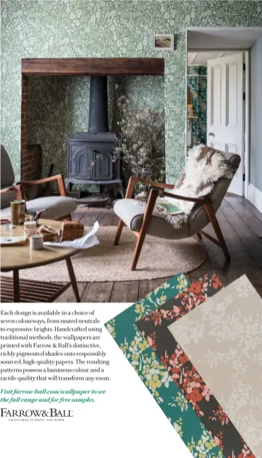  ??  ?? Each design is available in a choice of seven colourways, from muted neutrals to expressive brights. Handcrafte­d using traditiona­l methods, the wallpapers are printed with Farrow & Ball’s distinctiv­e, richly pigmented shades onto responsibl­y sourced,...