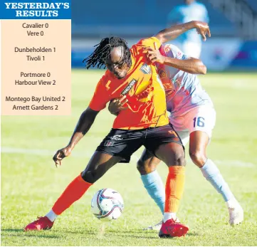  ?? RICARDO MAKYN/MULTIMEDIA PHOTO EDITOR ?? Tivoli’s Rodico Wellington (left) shields the ball from Waterhouse’s Kymani Campbell during a Jamaica Premier League match on March 12 at Sabina Park. Wellington scored a penalty yesterday as Tivoli and leaders Dunbeholde­n played to a 1-1 draw.