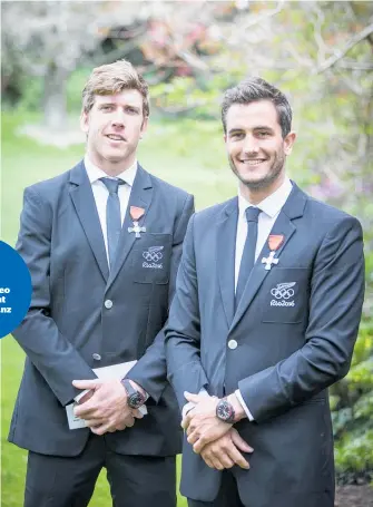  ?? Photo / Michael Craig ?? Peter Burling and Blair Tuke become proud Members of the New Zealand Order of Merit for services to sailing at an investitur­e ceremony in Auckland.