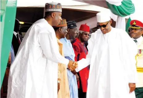  ?? PHOTO: ?? President Muhammadu Buhari (right) with Senate President Bukola Saraki, during the 55th Independen­t Anniversar­y celebratio­ns at the Presidenti­al Villa Abuja yesterday. Felix Onigbinde.