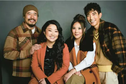  ?? TAYLOR JEWELL/INVISION ?? “Shortcomin­gs” director Randall Park, from left, and cast members Sherry Cola, Ally Maki and Justin H. Min are seen Jan. 22 in Utah.