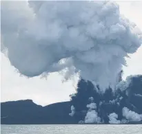  ?? NEW ZEALAND MINISTRY OF FOREIGN AFFAIRS ?? A boat at sea had this view of the smoke rising from the eruption. The Tongan volcano has created a substantia­l new island since it roared to life in December, spewing huge volumes of rock and dense ash that killed nearby vegetation.