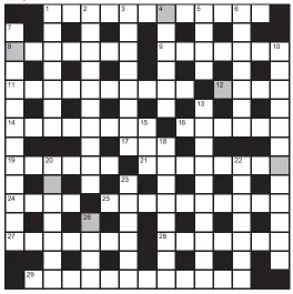  ?? ?? No 17,296
FOR your chance to win, solve the crossword to reveal the word reading down the shaded boxes. HOW TO ENTER: Call 0901 293 6233 and leave today’s answer and your details, or TEXT 65700 with the word CRYPTIC, your answer and your name. Texts and calls cost £1 plus standard network charges. Or enter by post by sending the completed crossword to Daily Mail Prize Crossword 17,296, PO Box 28, Colchester, Essex CO2 8GF. Please include your name and address. One weekly winner chosen from all correct daily entries received between 00.01 Monday and 23.59 Friday. Postal entries must be date-stamped no later than the following day to qualify. Calls/texts must be received by 23.59; answers change at 00.01. UK residents aged 18+, excl NI. Terms apply, see Page 50.