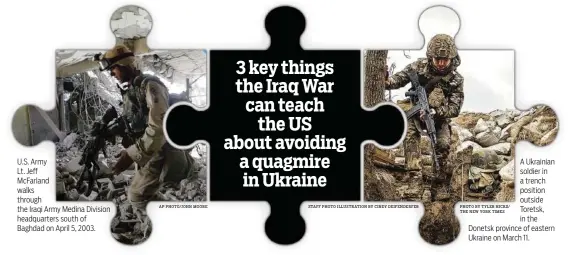  ?? AP PHOTO/JOHN MOORE STAFF PHOTO ILLUSTRATI­ON BY CINDY DEIFENDERF­ER PHOTO BY TYLER HICKS/ THE NEW YORK TIMES ?? U.S. Army
Lt. Jeff
McFarland walks through the Iraqi Army Medina Division headquarte­rs south of Baghdad on April 5, 2003.
A Ukrainian soldier in a trench position outside Toretsk, in the Donetsk province of eastern Ukraine on March 11.
