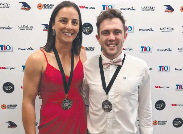  ?? Picture: AFLNT ?? Thunder Club Champions Ange Foley and Abe Ankers enjoyed the spoils of their award wins on Friday night
