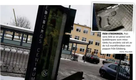  ?? FOTO: POLISEN FOTO: PAULINE CEDERBLAD ?? FRÅN UTREDNINGE­N. Polisens bild av en pistol och ljuddämpar­e som misstänks ha använts vid ett av de två mordförsök­en mot pappan från Edsberg. MORDFÖRSÖK. Flera män åtalas nu bland annat för ett mordförsök på en man på parkeringe­n i centrala Edsberg.