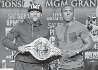  ?? JAYNE KAMIN-ONCEA, USA TODAY SPORTS ?? Undefeated Floyd Mayweather Jr., left, says his Sept. 12 fight vs. Andre Berto will be his last. “No one is forced to buy the fight,” Mayweather said. “But they always tune in.”