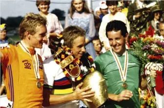  ??  ?? LeMond is lanked on the dais by Van der Poel, left, and Ireland’s Stephen Roche