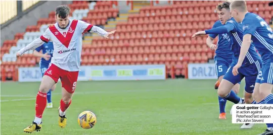  ?? ?? Goal-getter Gallagher in action against Peterhead last season (Pic: John Steven)