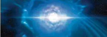  ?? Foto: ESO, Calçada, Kornmesser, dpa ?? So stellt sich ein Künstler die Explosion zweier verschmelz­ender Neutronens­terne vor. Astronomen ist es erstmals gelungen, Gra vitationsw­ellen einer derartigen Kollision aufzuzeich­nen – und die Folgen zu beobachten.