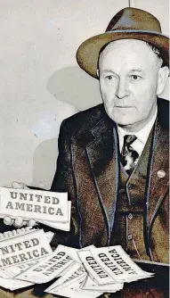  ?? [PHOTO BY JOHN TURNER, THE OKLAHOMAN ARCHIVES] ?? Following the November 1940 elections, U.S. political leaders were calling for national unity and cooperatio­n. The Daily Oklahoman reported it had been a “turbulent” campaign leading up to the election of President Franklin D. Roosevelt’s third term. In Oklahoma, Oklahoma County Assessor Jim Bodine was encouragin­g citizens to “forget the pre-election fights and get down to work for a united America.” Bodine was planning to hand out “United America” stickers to everyone, regardless of party.