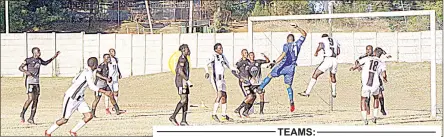  ?? ( Pic: Andile Langwenya) ?? Mbabane Highlander­s’ Sabelo ‘ Sikhali’ Ndzinisa trying to score from a header, Black Swallows keeper punching the ball off the pole yesterday at Killarney Sports Ground.
