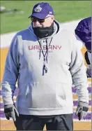  ??  ?? University at Albany head football coach Greg Gattuso said he was unable to work with his offensive line much in the fall.