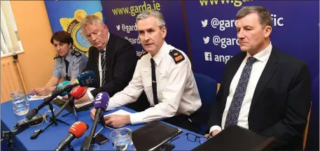  ?? Photo Michelle Cooper Galvin ?? Garda Breda O’Donoghue, Detective Chief Superinten­dent Walter O’Sullivan, Superinten­dent Flor Murphy and Detective Inspector John Brennan at the press conference in January 2018 announcing the reopening of the ‘Kerry Babies’ investigat­ion.