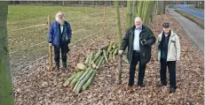  ?? RP-FOTO (ARCHIV): KAISER ?? Das war Anfang März: Pächter Udo Hageschult­e (Mitte) mit Georg Lüdecke (links) und Hans Palm vom Nabu an der abgesägten Hecke.