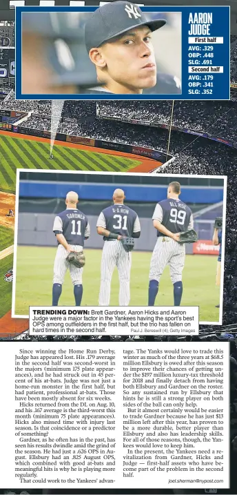  ?? Paul J. Bereswill (4); Getty Images ?? TRENDING DOWN: Brett Gardner, Aaron Hicks and Aaron Judge were a major factor in the Yankees having the sport’s best OPS among outfielder­s in the first half, but the trio has fallen on hard times in the second half.