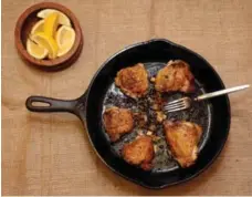  ??  ?? These skillet chicken thighs have simple but intense lemony pan drippings.