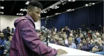  ?? DARRON CUMMINGS — THE ASSOCIATED PRESS ?? Penn State running back Saquon Barkley speaks scouting combine, Thursday in Indianapol­is. during a press conference at the NFL