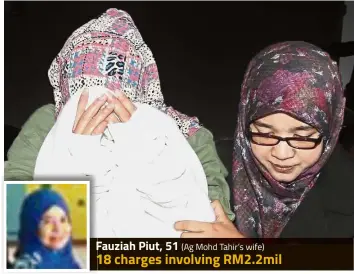  ??  ?? Fauziah Piut, 51 (Ag Mohd Tahir’s wife) 18 charges involving RM2.2mil