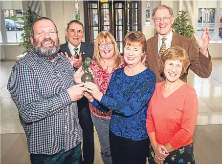  ?? Pictures: Steve Macdougall. ?? Left – front, from left: Michael O’rourke, Fiona Campbell and Morag Reid. Back, from left, Albert A’hara, Sandra Cannon (a former pupil and then staff member) and Bill Kippen). Above, from left, are Morag, Fiona, Michael and Gordon, who won the trophy,...