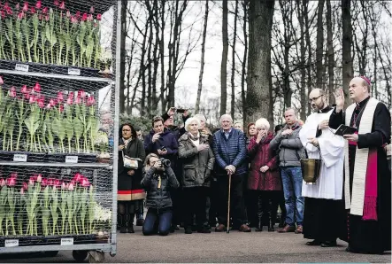  ?? KOEN VAN WEEL/AFP/GETTY IMAGES ?? Hans van den Hende, Bishop of Rotterdam, blesses flowers before they leave for the Vatican, in Lisse on Tuesday. The flowers will be used during Easter Mass at Saint Peter’s Square.