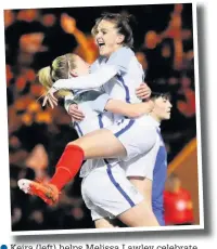  ??  ?? ●●Keira (left) helps Melissa Lawley celebrate scoring the first goal during England’s FIFA Women’s World Cup Qualifier against Kazakhstan at Colchester