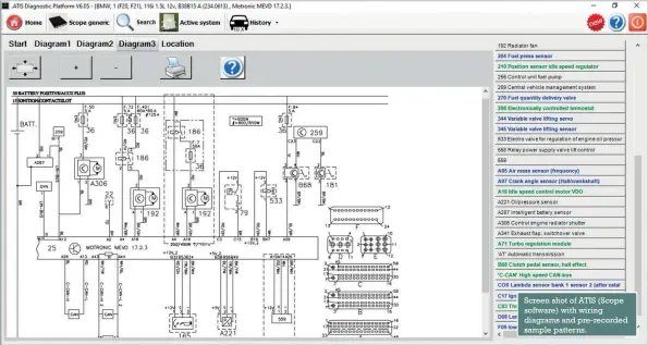  ??  ?? Screen shot of ATIS (Scope software) with wiring diagrams and pre-recorded sample patterns.