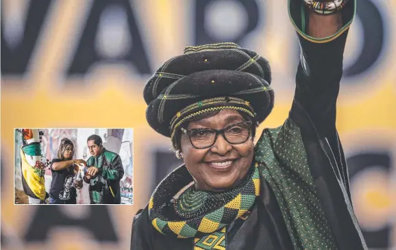  ?? DEFIANT FIGURE: The ex- wife of the late South African president Nelson Mandela, Winnie Madikizela- Mandela has died aged 81. Inset: Mourners light a candle for her at a vigil at the Old Durban Prison’s Human Rights wall. Pictures: AFP ??