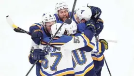  ?? GREG M. COOPER/USA TODAY SPORTS ?? Final MVP Ryan O’Reilly’s first-period goal Wednesday propelled the Blues to a 4-1 victory and their first Stanley Cup title.