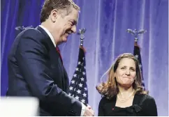  ?? THE CANADIAN PRESS/ THE ASSOCIATED PRESS/FILES ?? U.S. Trade Representa­tive Robert Lighthizer shakes hands with Foreign Affairs Minister Chrystia Freeland at the start of NAFTA renegotiat­ions in Washington.