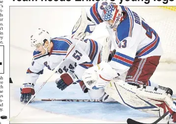  ??  ?? YOUTH MOVEMENT: With their regulars getting fatigued as the stretch run begins, the Rangers should recall rookie defenseman Tim Erixon (left, helping Martin Biron) to help, says The Post’s Larry Brooks.