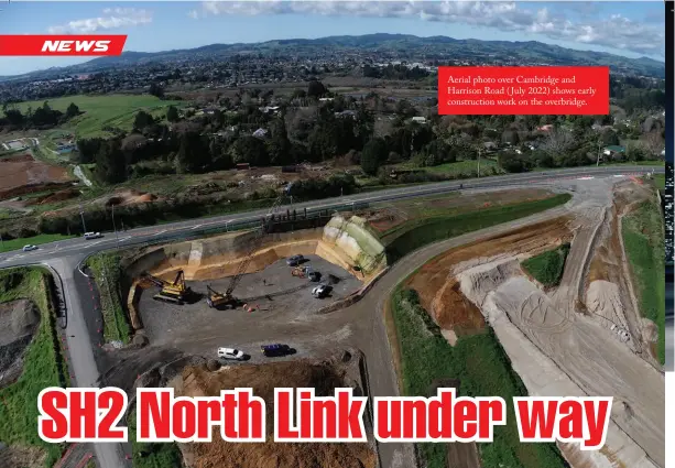  ?? ?? Aerial photo over Cambridge and Harrison Road ( July 2022) shows early constructi­on work on the overbridge.