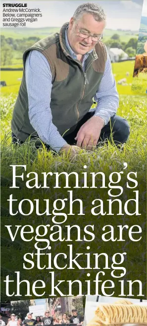  ??  ?? STRUGGLE Andrew McCornick. Below, campaigner­s and Greggs vegan sausage roll