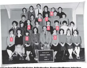  ??  ?? 0 Front row from left: Fiona Maceachen, Bridie Moynihan, Florence Macpherson, Helen Race (teacher), Forbes Runcieman (teacher), Mary Macdonald, Margot Maclean, Jacqueline Addison, Angela Maclellan; Second row from left: Caleb Browning, Susan Muir,...