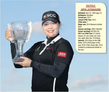  ?? AFP ?? Ariya Jutanugarn poses with the trophy after winning the CME Group Tour Championsh­ip.
