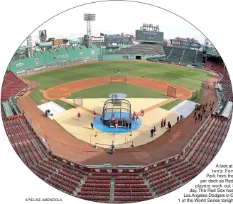  ?? AP/ELISE AMENDOLA ?? A look at Boston’s Fenway Park from the upper deck as Red Sox players work out Sunday. The Red Sox host the Los Angeles Dodgers in Game 1 of the World Series tonight.